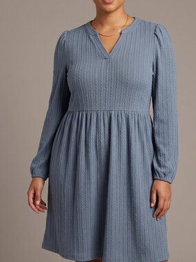NWT | Slate Blue Cable Knit Babydoll Long Sleeve Ruffle Cuff Dress | Large